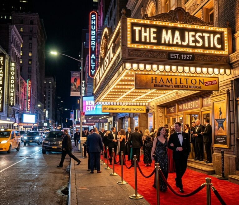 Glamorous nighttime view outside a historic Broadway theater in Times Square with glowing marquee lights and elegant theatergoers