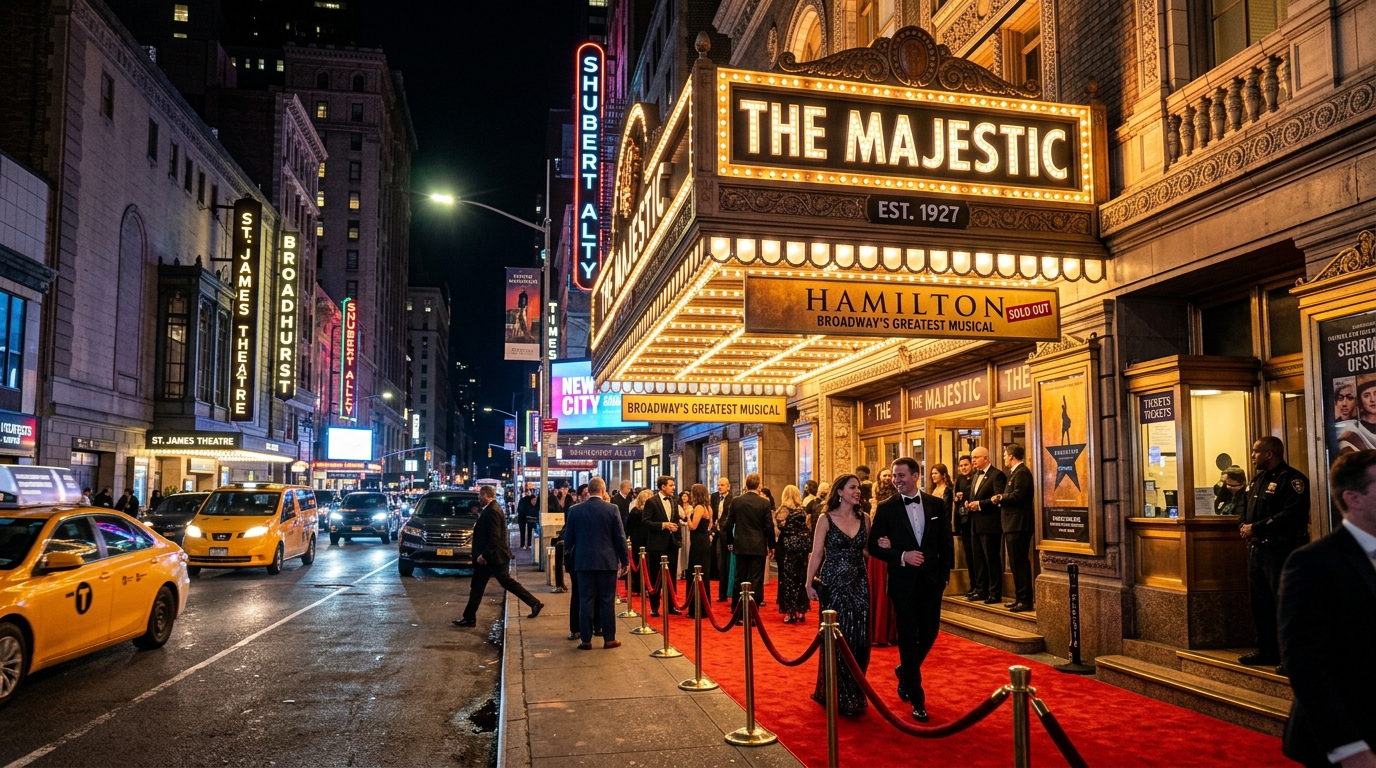 Glamorous nighttime view outside a historic Broadway theater in Times Square with glowing marquee lights and elegant theatergoers