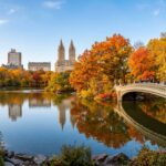 Iconic autumn panoramic photograph of Bow Bridge in Central Park with colorful golden trees and calm water reflections