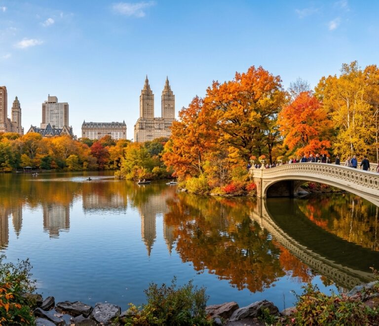 Iconic autumn panoramic photograph of Bow Bridge in Central Park with colorful golden trees and calm water reflections