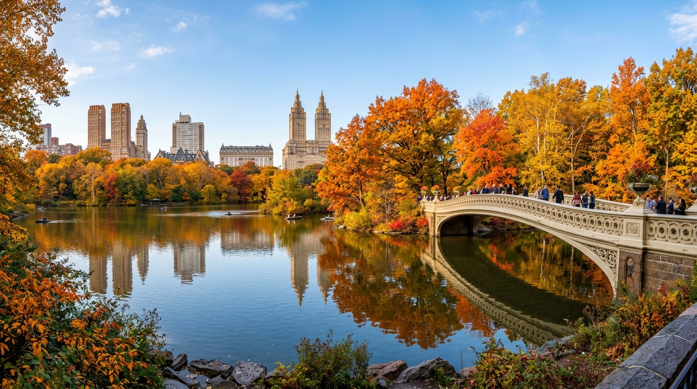 Iconic autumn panoramic photograph of Bow Bridge in Central Park with colorful golden trees and calm water reflections