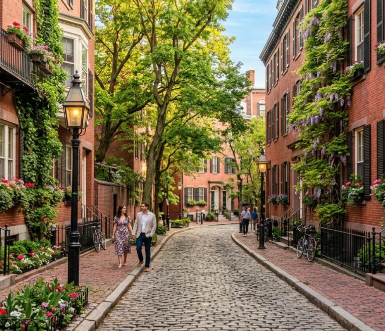 Picturesque cobblestone street in the West Village with historic red brick brownstone townhouses, blooming flowers, and gas lamps