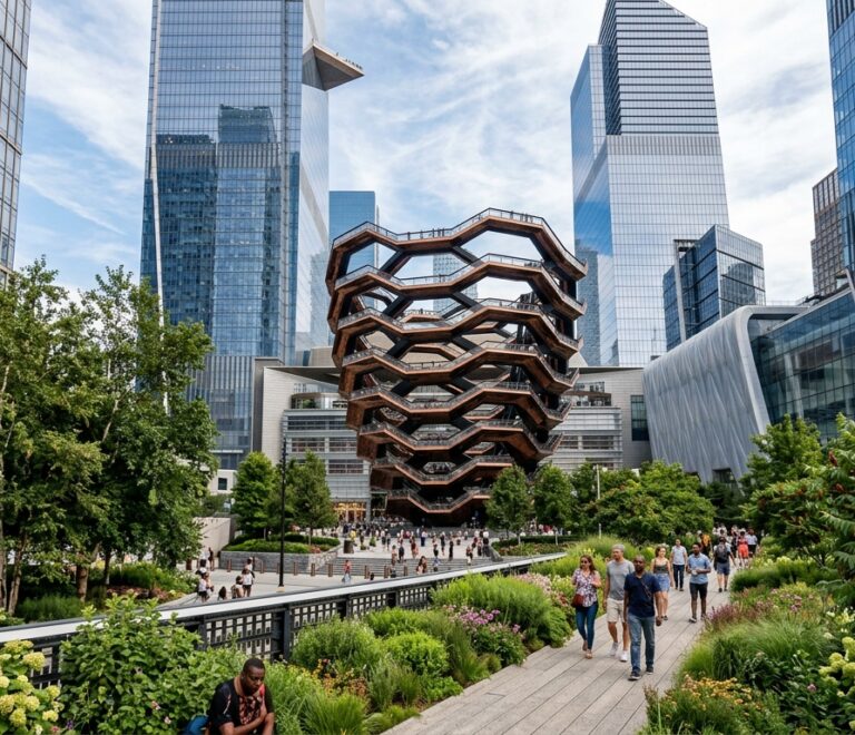 Stunning view of The Vessel bronze honeycomb structure framed by modern glass skyscrapers and lush gardens of The High Line