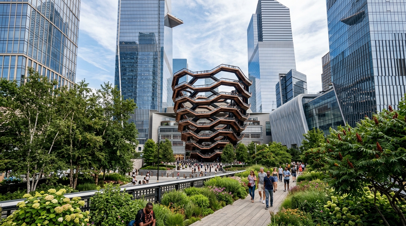 Stunning view of The Vessel bronze honeycomb structure framed by modern glass skyscrapers and lush gardens of The High Line