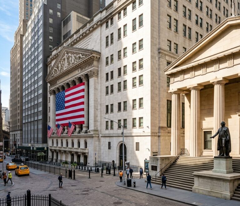 Historic facade of the New York Stock Exchange and Federal Hall on Wall Street with Corinthian marble columns and American flag