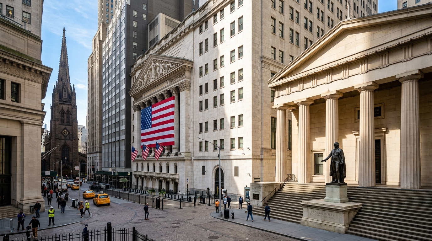 Historic facade of the New York Stock Exchange and Federal Hall on Wall Street with Corinthian marble columns and American flag