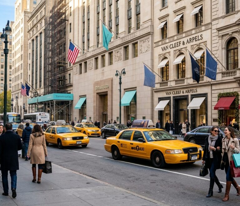 Sophisticated shoppers with luxury shopping bags walking along Fifth Avenue outside Tiffany and Bergdorf Goodman with yellow cabs