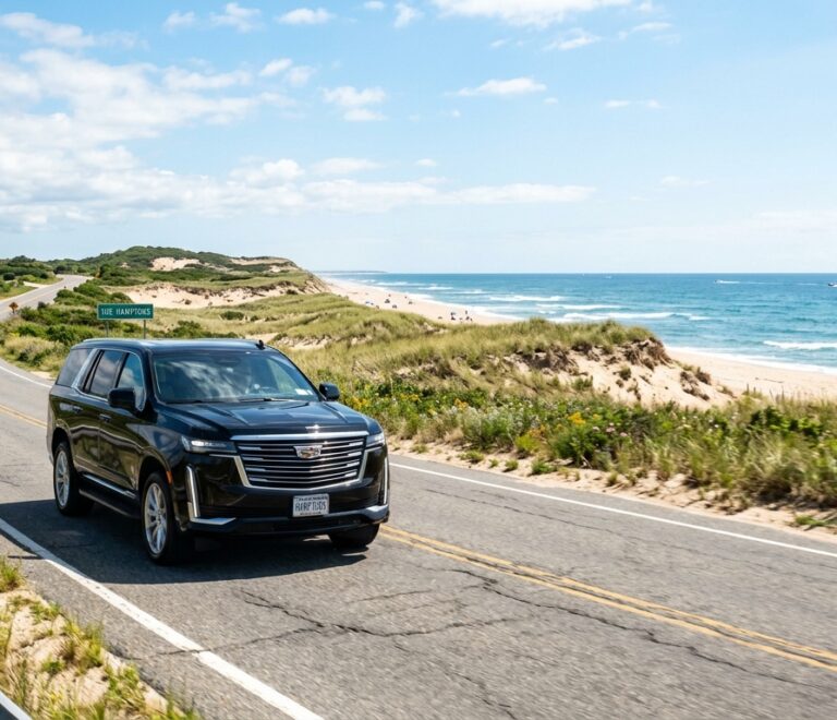 Luxury black Cadillac Escalade driving along scenic coastal road towards the Hamptons with ocean dunes and bright summer sun