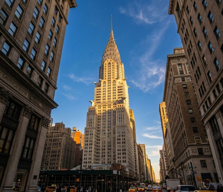 Dramatic upward photograph of the iconic Art Deco spire of the Chrysler Building glowing in afternoon sunlight in Manhattan