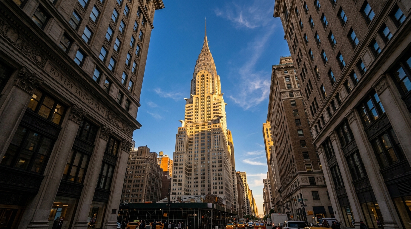 Dramatic upward photograph of the iconic Art Deco spire of the Chrysler Building glowing in afternoon sunlight in Manhattan