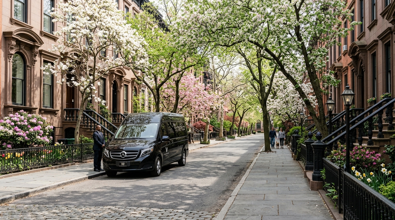 Charming historic tree-lined brownstone street in Brooklyn Heights with luxury black chauffeur van