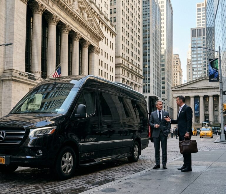 Luxury black executive Mercedes Sprinter van parked in Wall Street Financial District with business executives