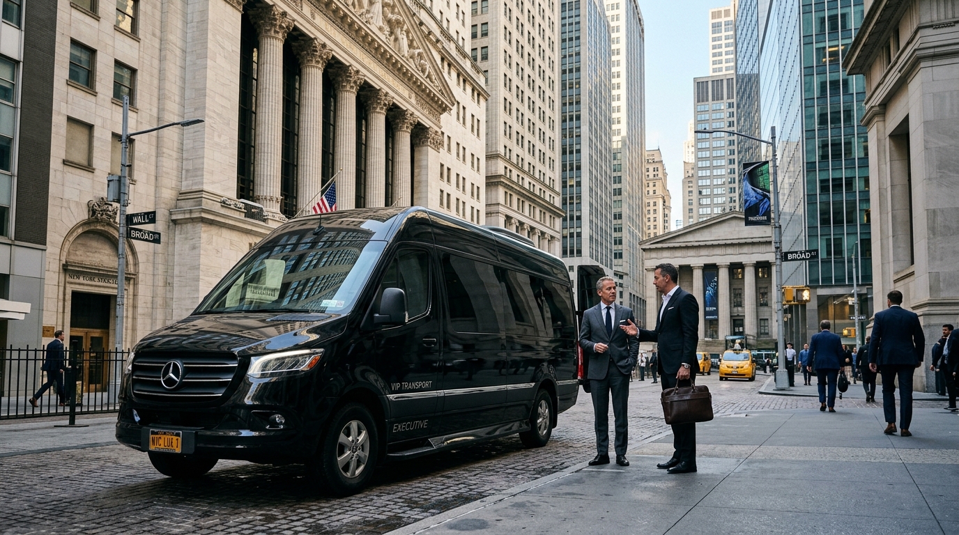 Luxury black executive Mercedes Sprinter van parked in Wall Street Financial District with business executives