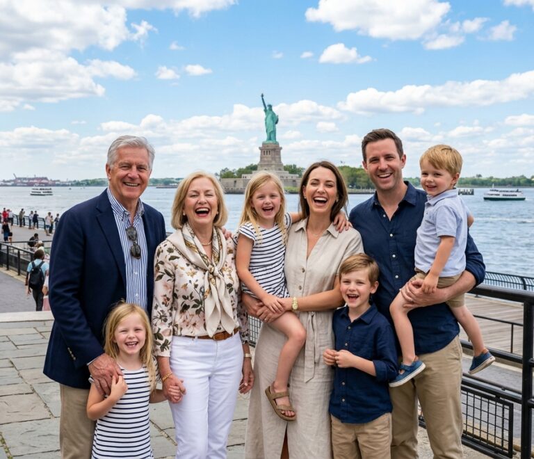 Happy multi-generational family smiling at Battery Park with Statue of Liberty in harbor background