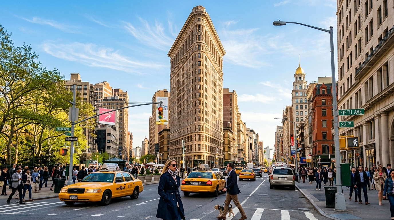 Iconic sunny photograph of New York Flatiron building and Fifth Avenue with classic yellow cabs and elegant pedestrians