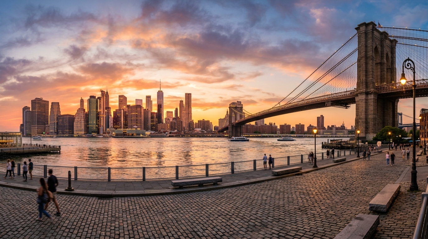 Panoramic view of Brooklyn Bridge and Manhattan skyline at sunset during a one-day luxury New York City tour