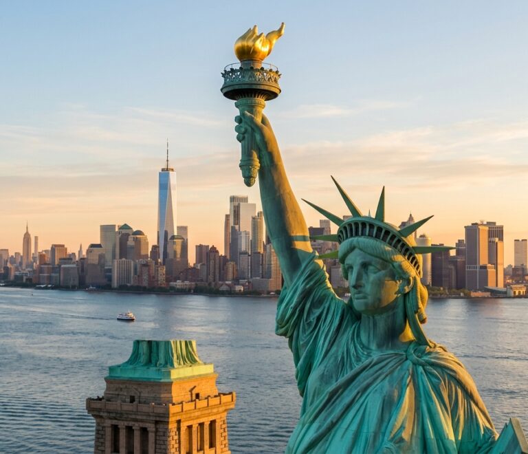 Cinematic golden morning view of the Statue of Liberty in New York Harbor with Lower Manhattan skyline in the distance