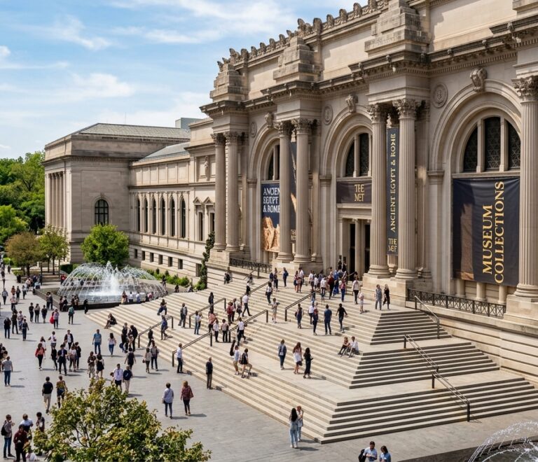 Grand neoclassical facade and soaring stone steps of The Metropolitan Museum of Art on Fifth Avenue with museum visitors