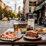 Vibrant street-level table outside a West Village cafe featuring New York pizza slice, pastrami on rye, and artisanal bagels