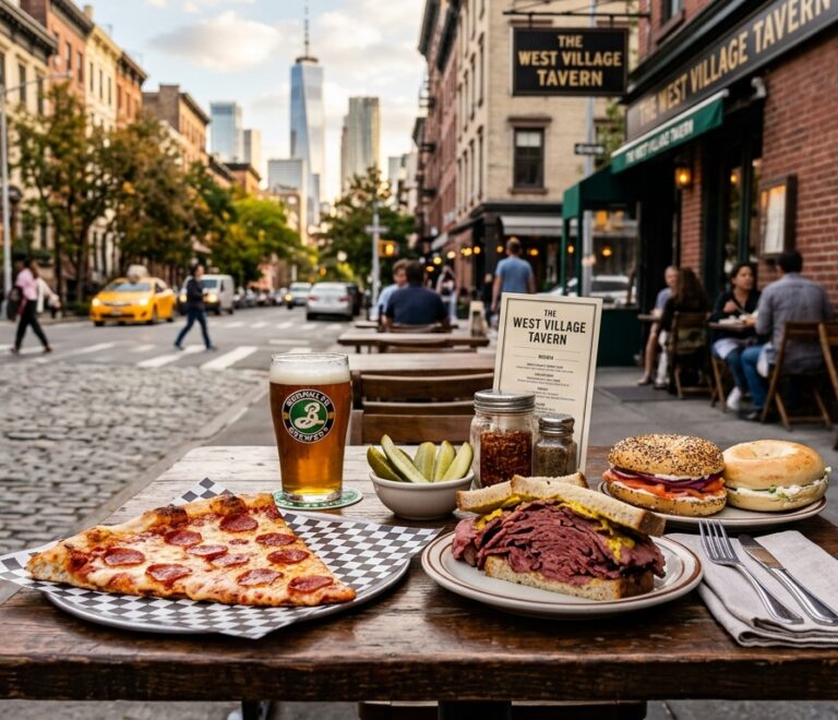 Vibrant street-level table outside a West Village cafe featuring New York pizza slice, pastrami on rye, and artisanal bagels